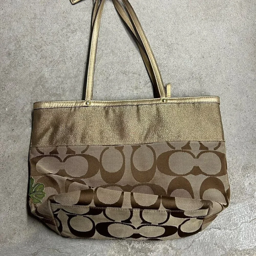 COACH Brown Signature Floral Embroidered Jacquard & Gold Leather Satchel Tote
